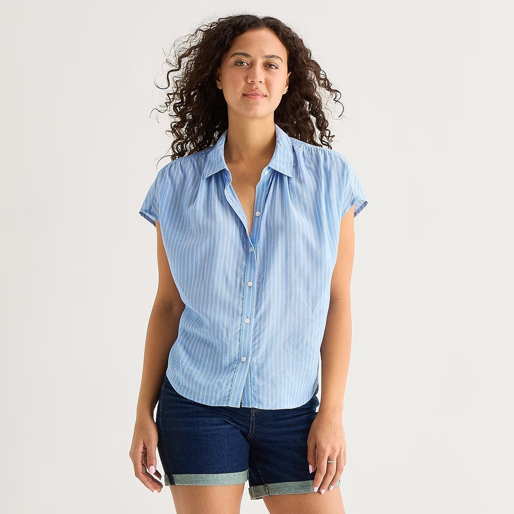 MSRP $44 A.N.A Womens L Blue Stripe Short Sleeve Button-Down Shirt Blouse